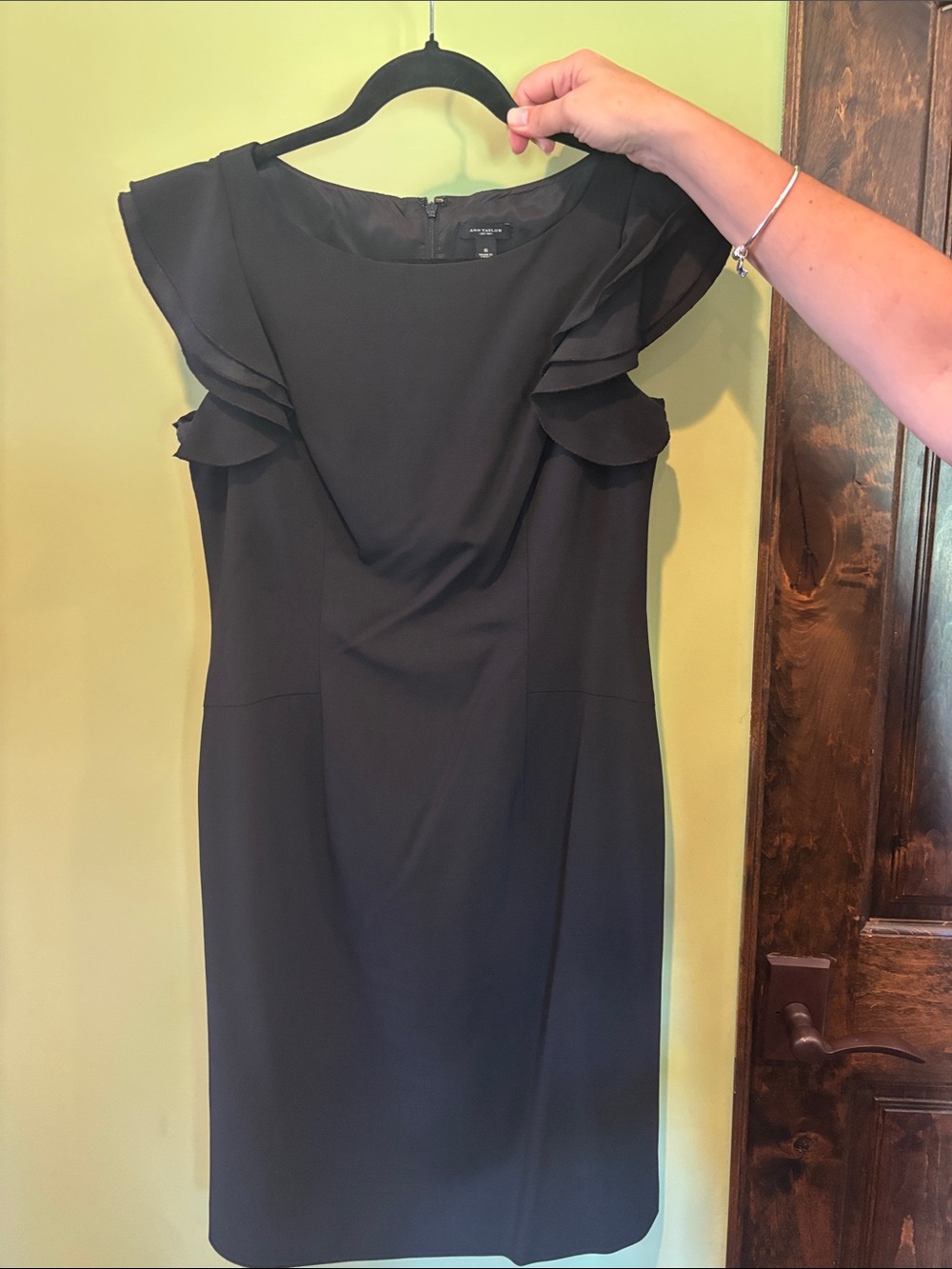 Ann Taylor Black Midi Sheath Dress with Ruffle Cap Sleeves